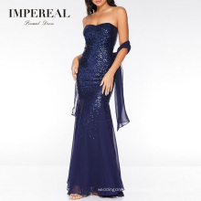 Strapless Sequin Evening Bodycon Party Sequin Long Dress Formal with Shawl